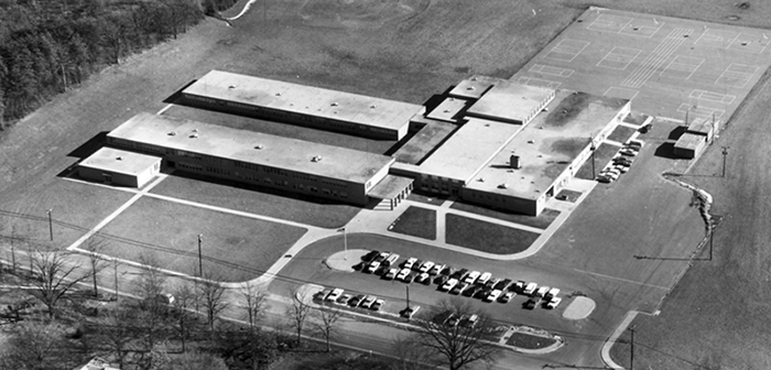 Black and white photo of aerial view of first Whitman Intermediate School, Circa 1960s